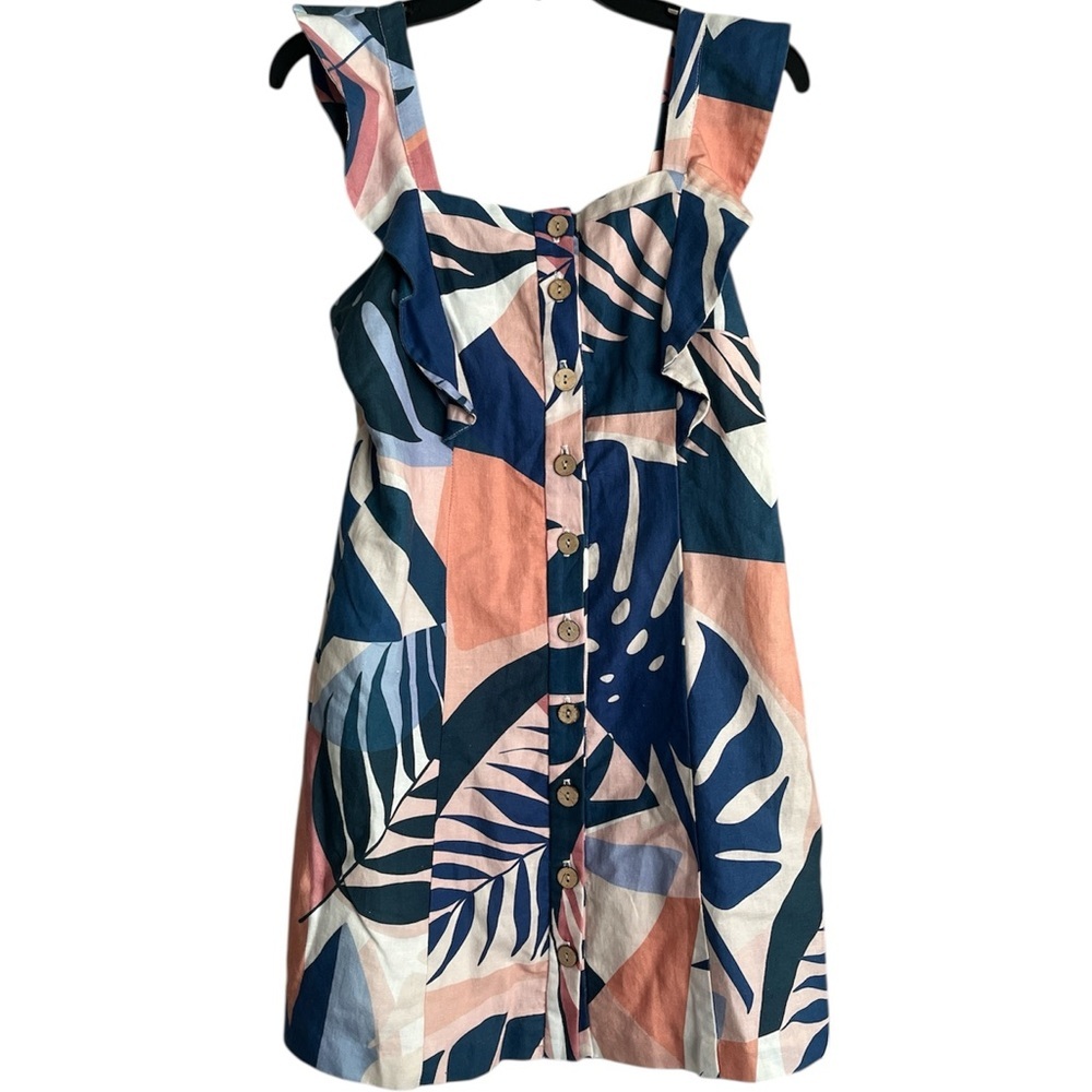 Hutch‎ Navy Leaf Print Square Neck Ruffle Button Down Cotton Linen Mini Dress 2